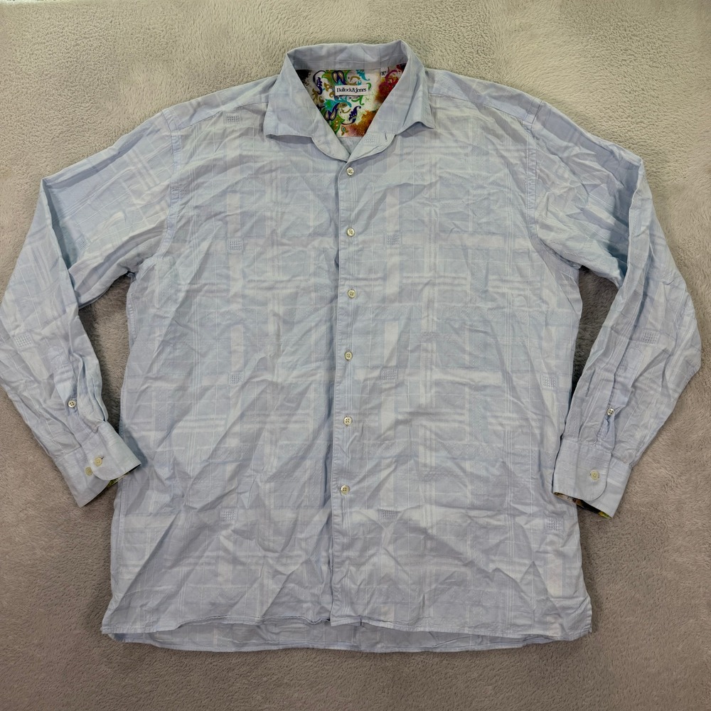 Bullock & Jones Mens XL Blue Plaid Patchwork Paisley Flip Cuff Button Up Shirt